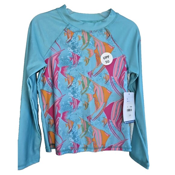 Real Legends Kids Swim Sun Shirt/Rash guard in blue w/ Fish Print UPF 50 New XS - Picture 2 of 6